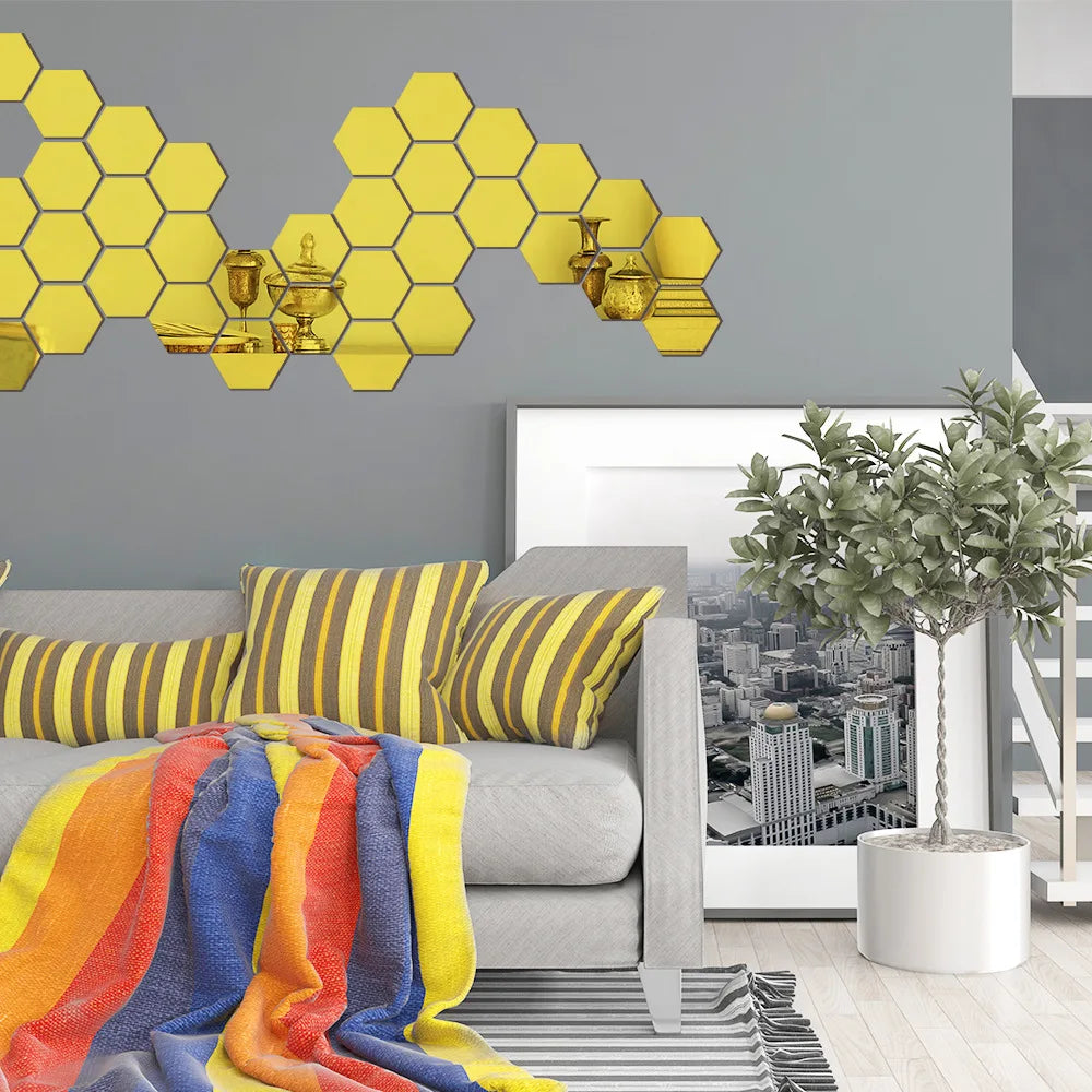 6/12PCS 3D Hexagon Mirror Wall Stickers – Self-Adhesive Home Décor - Serene Nest