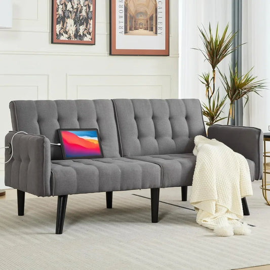 Convertible Futon Sofa Bed – Tufted Loveseat with USB & Adjustable Backrest - Serene Nest