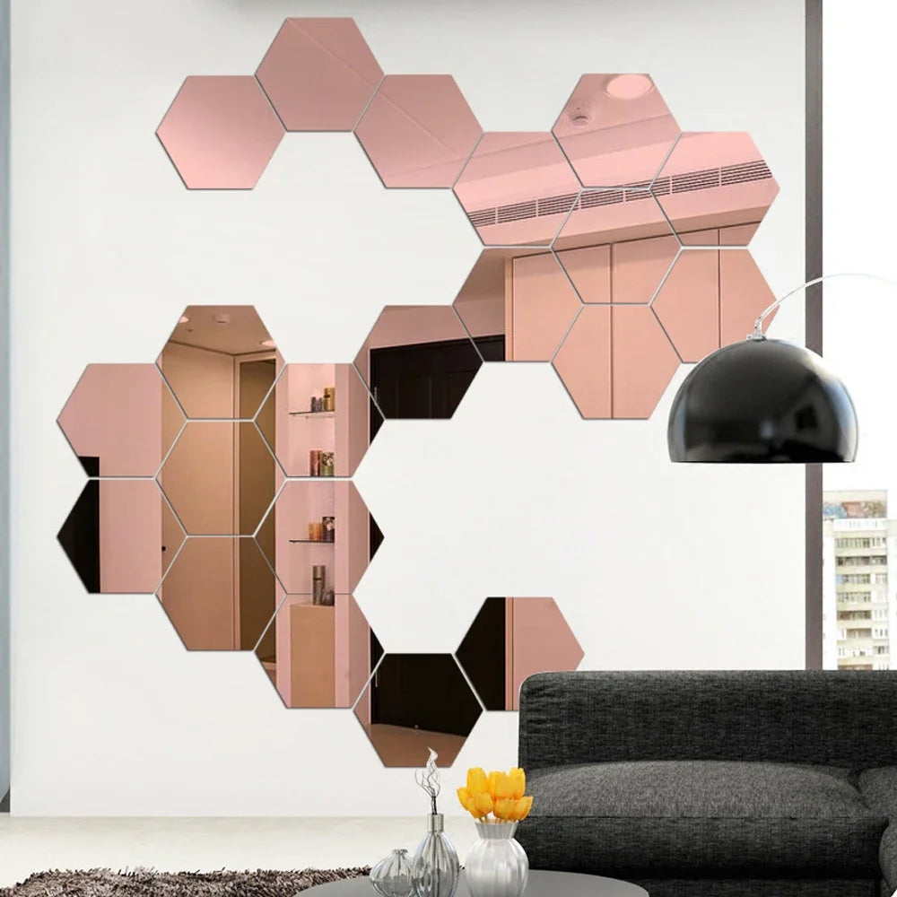 6/12PCS 3D Hexagon Mirror Wall Stickers – Self-Adhesive Home Décor - Serene Nest